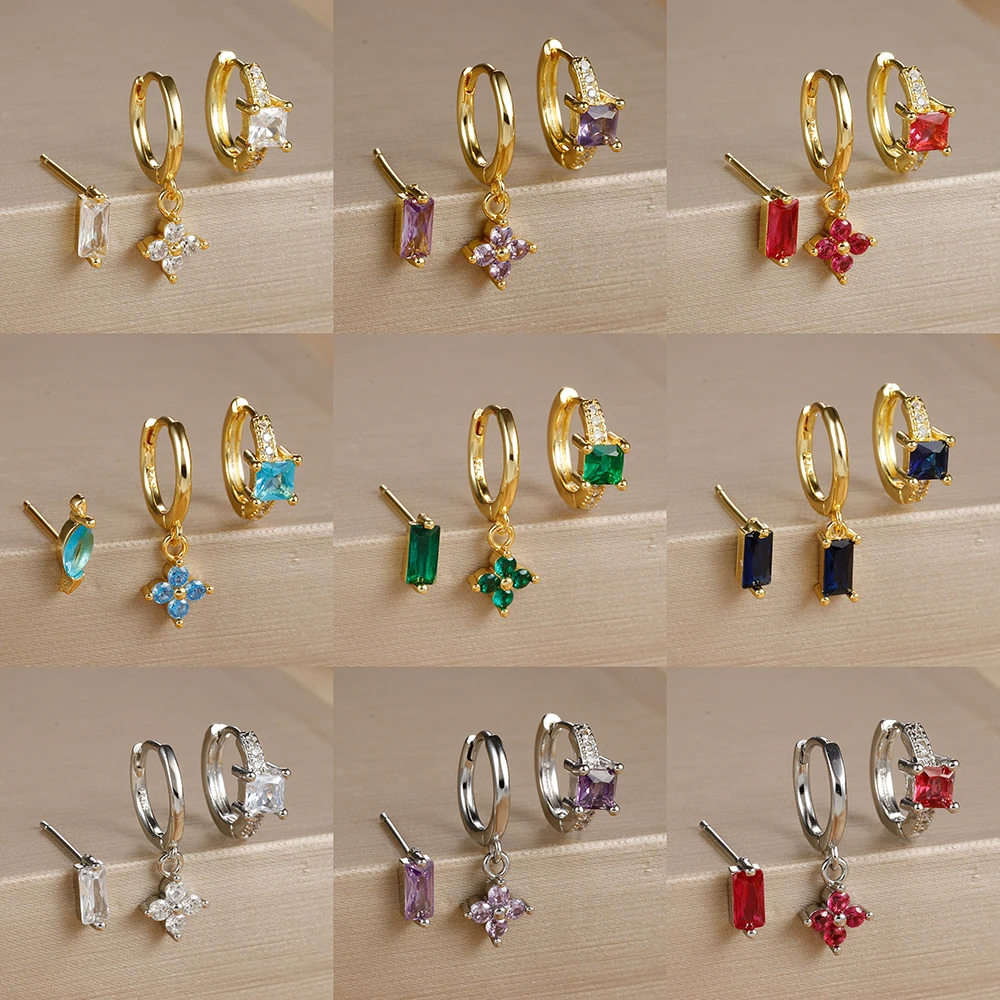 3PCS Fashion Stainless Steel Geometric Square Hoop Earring Set For Women Sparkling Colorful Zircon Earring Piercing Jewelry Gift