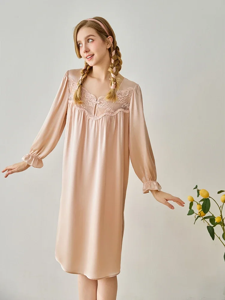 

Long-sleeved Pure Silk Spaghetti Strap Nightdress Women's Loose 100% Mulberry Silk Chemise Slip Nightgown Sexy Nightie Sleepwear