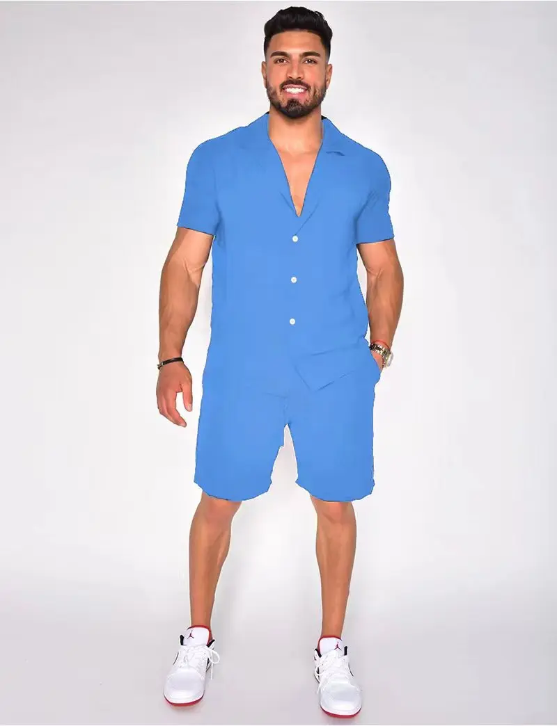 

Men's new summer leisure sports cotton and linen solid color short sleeve shorts V-neck suit