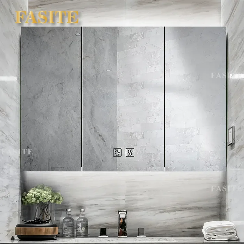 For Smart Bathroom Mirror Cabinet Wall Mounted Aluminum Cosmetic Storage Box with LED Light Space Saving Modern Vanity Rack