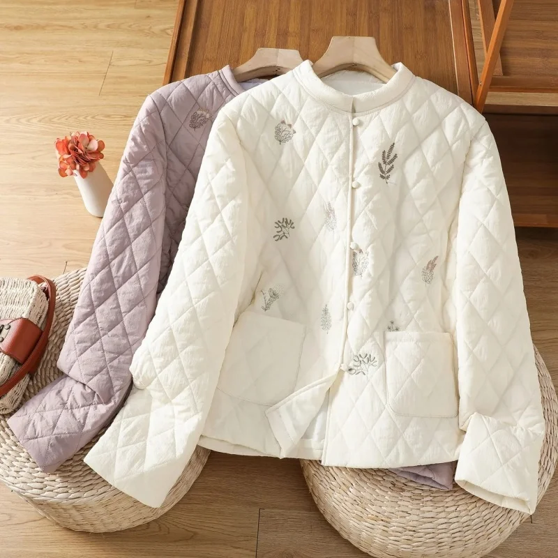 

Apricot Embroidery Cotton Jacket Short Spring 2026 Winter Design Temperament Lightweight Stand Collar Warm Quilted Coat w1670