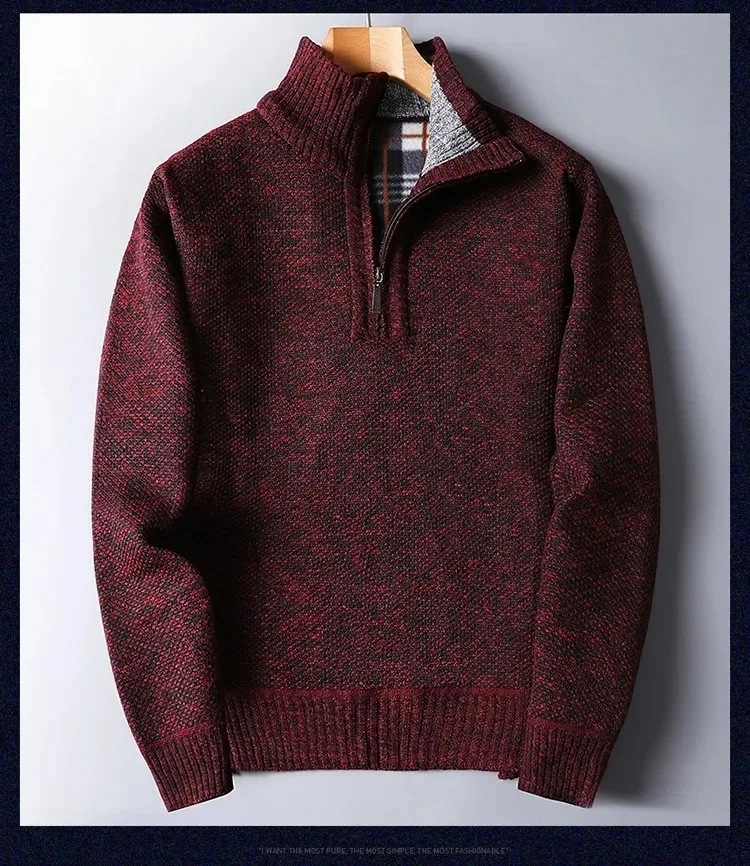 Herbst Winter männer Gepolsterte Pullover Mock Neck Halb Zipper Warme Verdickt Einfarbig Casual Pullover Männlichen Mode Strickwaren – Detail 13