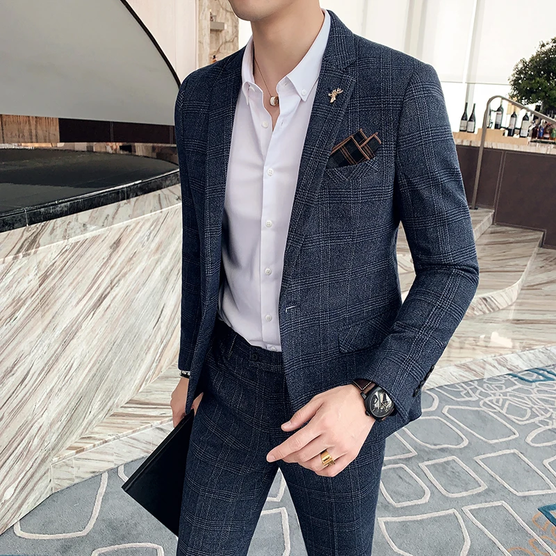 

7XL (Jacket+Pants) 2023 New Men Suits 2 piece Plaid Suits Men Brand Slim Fit Groom Wedding Dress Suit Korean Business Blazers