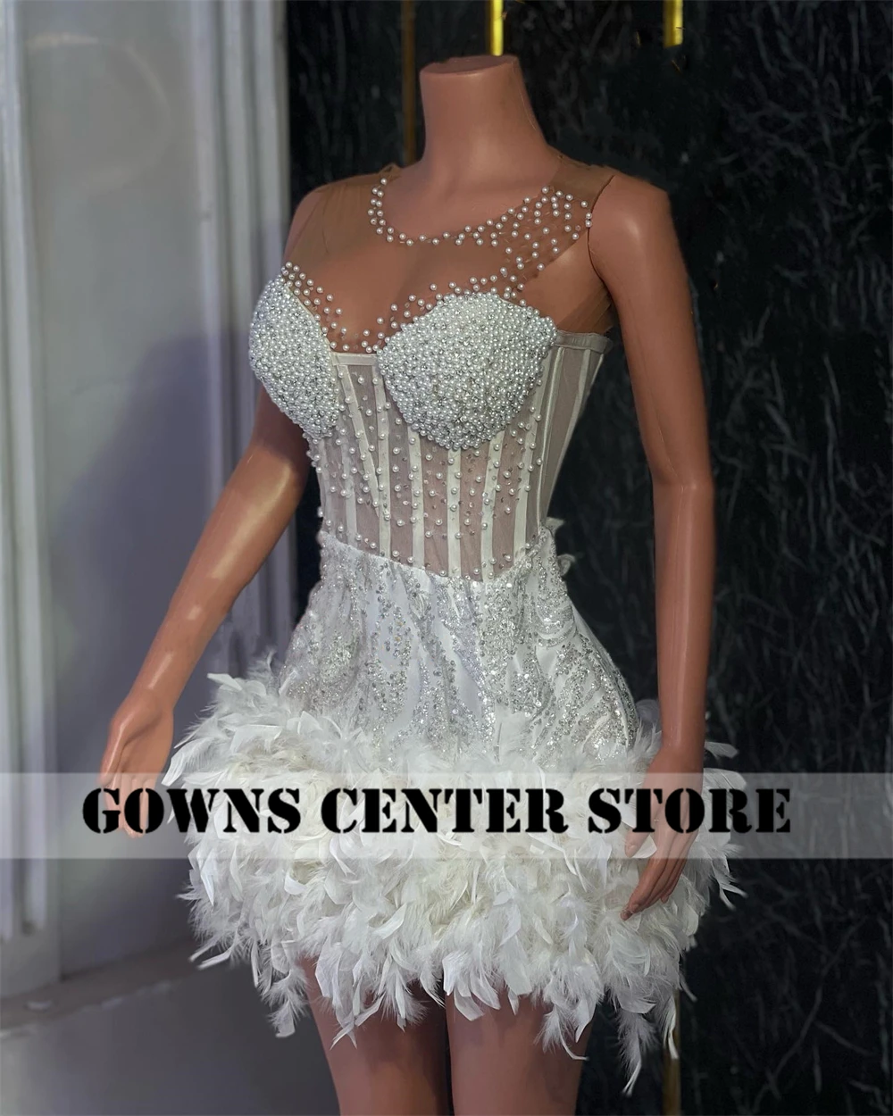 Wonderful White Feathers Prom Dresses Beaded Pearls Sequins Fish Bone Homecoming Dress Black Girls Birthday Gown 2024 Customized