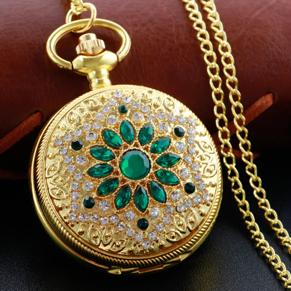 Gold Diamond Luxury Emerald Gem Pocket Watch Necklace Digital Pendant Chain Clock Fashion Sculpture Women's Men's Gift