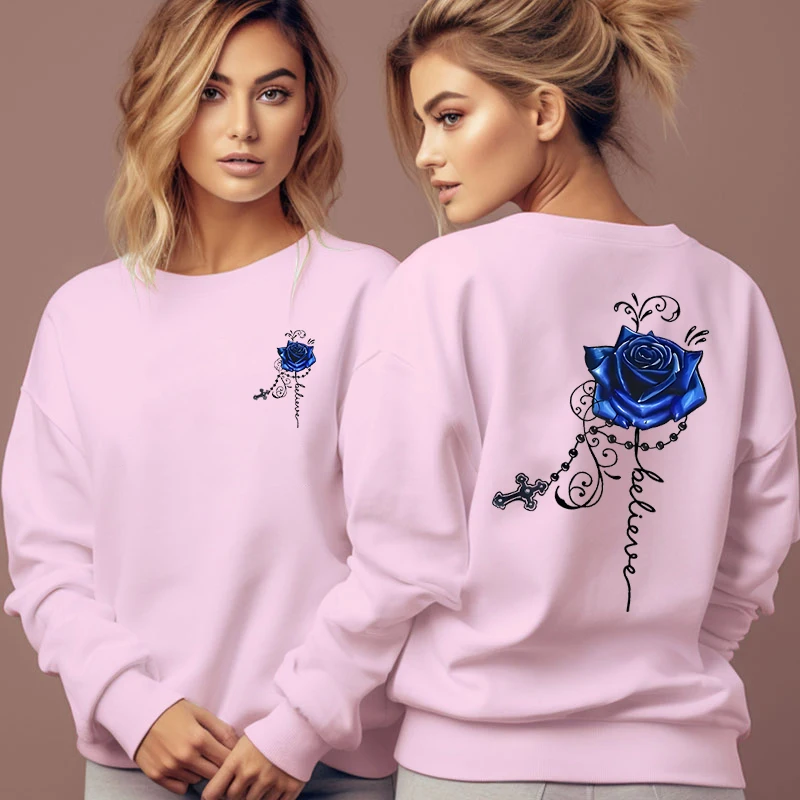 

Creative Rose Cross Print Sweatshirts Women's Round Neck Gothic Pullover Trend Streetwear Vintage Blue Rose Floral Hoodie Female