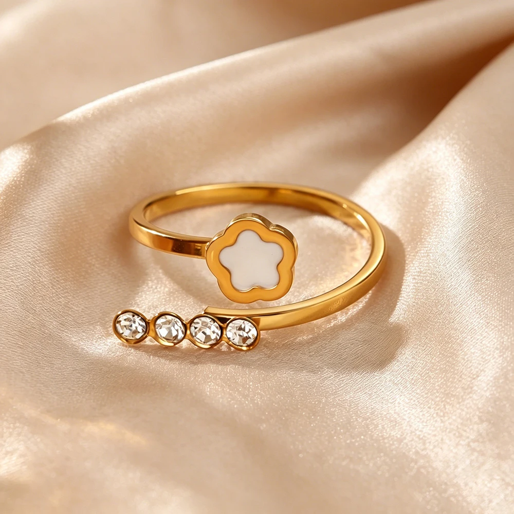 Elegante weiße Blumenringe mit Zirkon für Damen, 18 Karat vergoldeter Edelstahl, geometrischer verstellbarer Ring, ästhetischer Hochzeitsschmuck