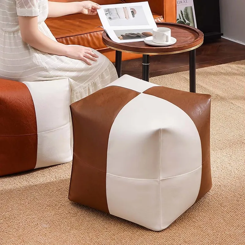 Geometric cushioned stool, eco-friendly filler, upholstered leg rest, patchwork stool