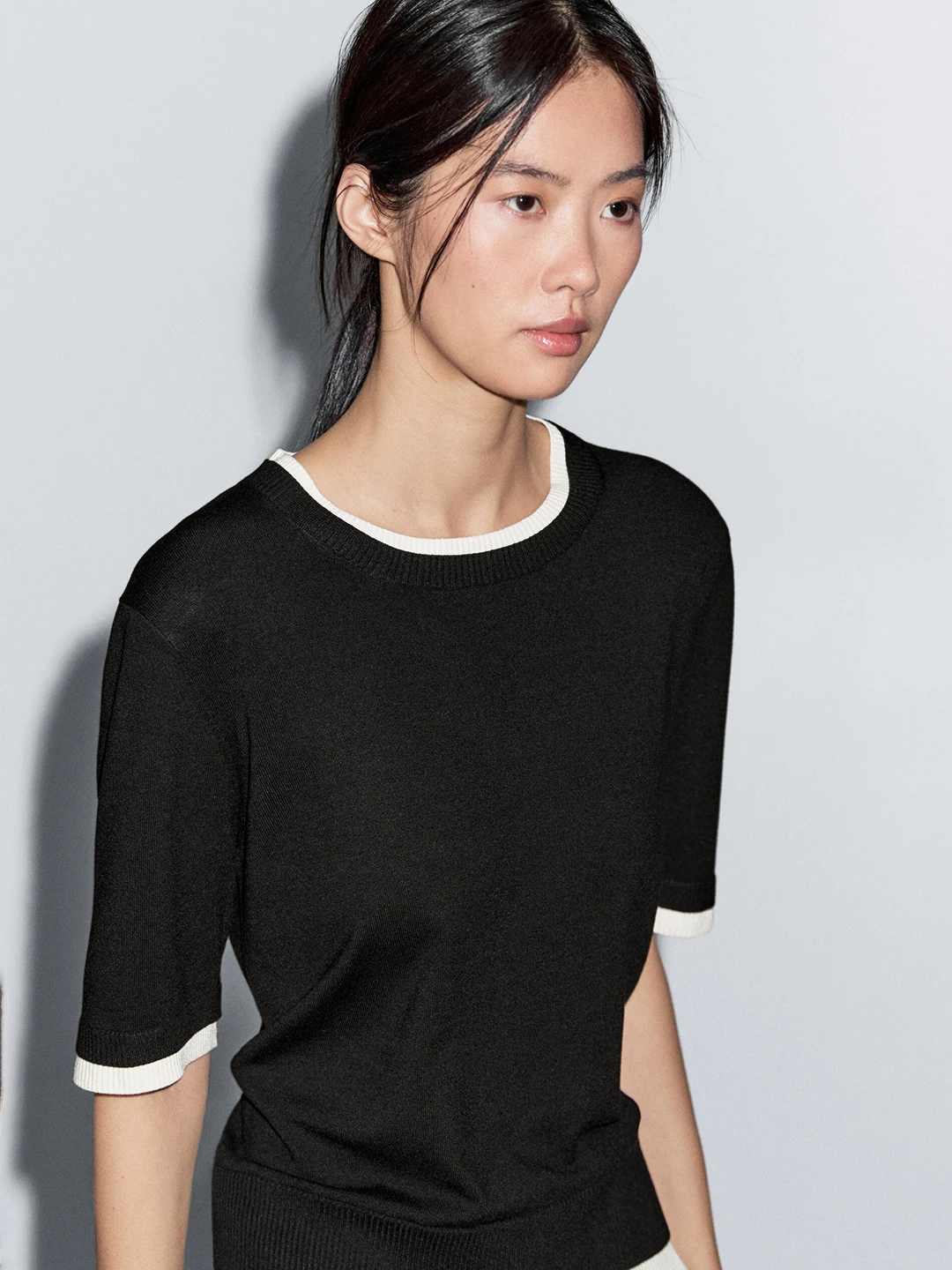 MD feminino malha ort Sve camiseta redonda Ne Splice Color leve commute Sle Top para a temporada de outono