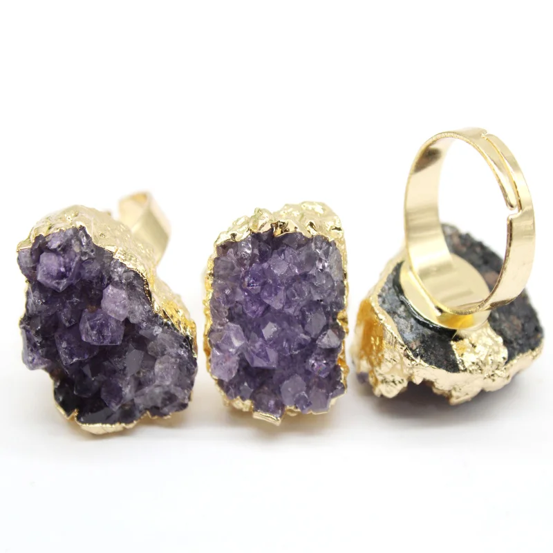 2 Pcs New Natural Stone Iirregular Amethyst Crystal Bud Ring Reiki Treatment Druzy Ring Suitable for Women Men Make Holiday Gift