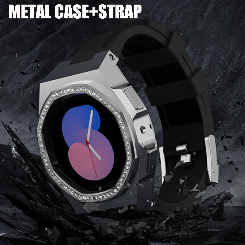 Diamond Modification Kit For Samsung Galaxy Watch 4 5 40mm Silicone Strap Stainless Steel Metal Case For Galaxy Watch 4/5 Band