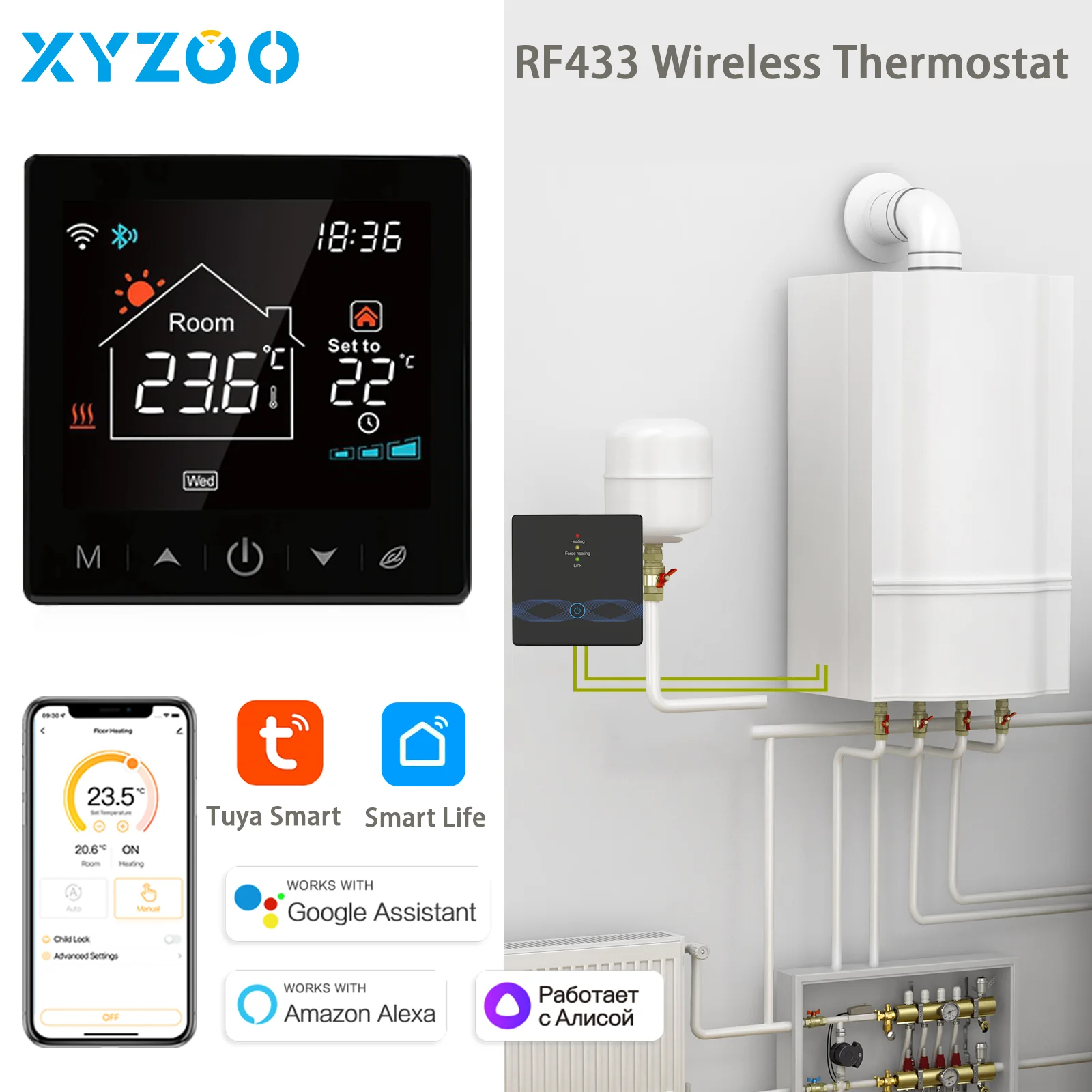 Wireless Tuya WiFi Thermostat Gas Boiler Home Floor Heating RF433 Smart Programmable Temperature Controller Voice Google Alexa