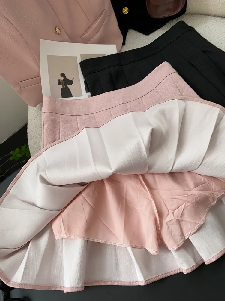 Haut en émail à simple boutonnage pour femme, jupe plissée taille haute, ensemble slim fit deux pièces, rose trempé, doux, été, nouveau, 2024