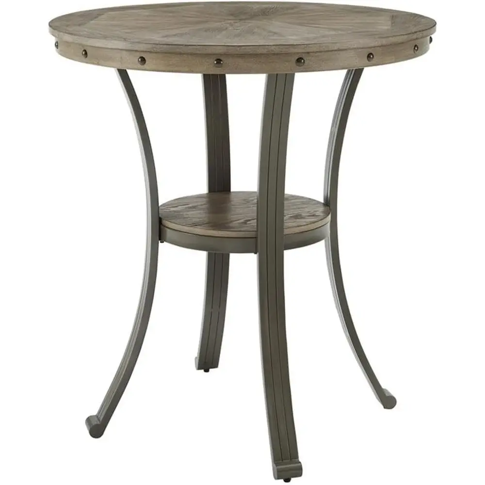 Transitional Metal Wood Pub Table, Pewter Champagne Finish, 36 Round Top, 40 Tall, Curved Legs, Shelf, Nail Heads, Ideal for Sma