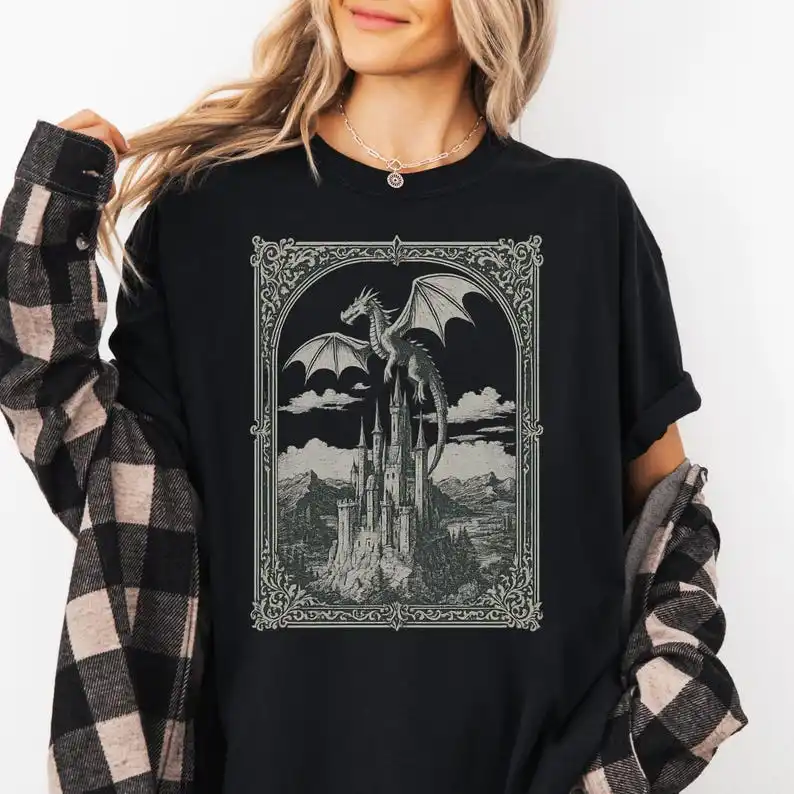 Dragon Castle Graphic T-Shirt: Vintage Gothic Fantasy Tee Shirt