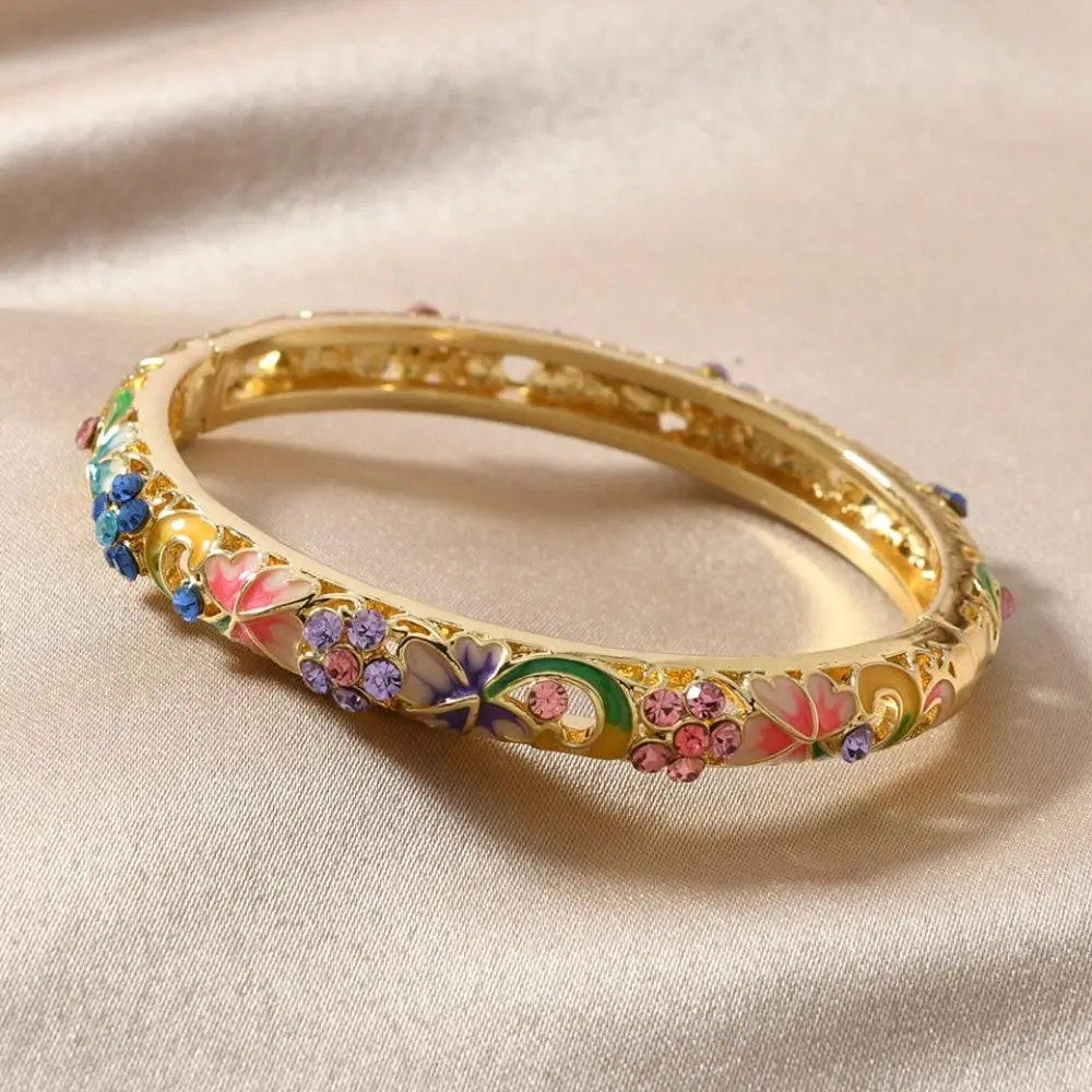 Двойной браслет, винтажный перегородчатый браслет, традиционный китайский браслет с цветочным узором, винтажный классический женский браслет на руку