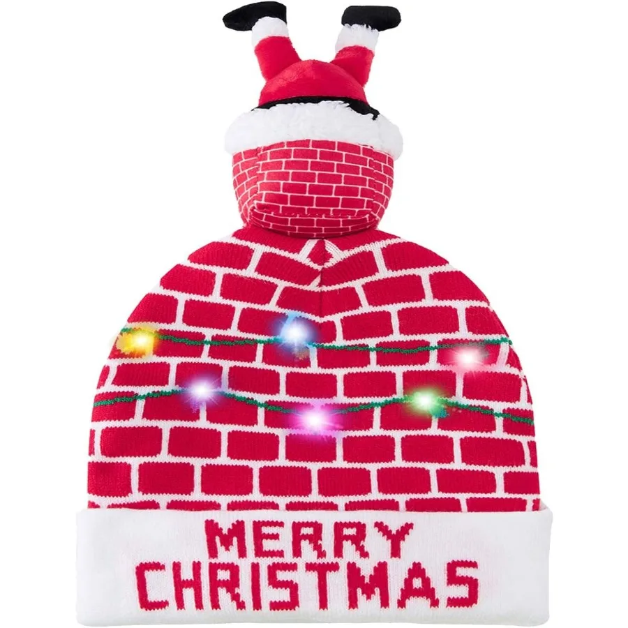 RAISEVERN Unisex Ugly LED Christmas Hat Novelty Colorful Lightup Stylish Knitted Sweater Xmas Party Beanie Cap with 6 Lights fo