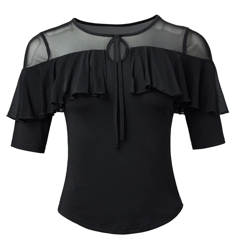 Women Ruffle Cape Latin Dance Top Mesh Patchwork Tie Neck Ballroom Dance Shirt for Tango Latin Performance Dancewear for Women