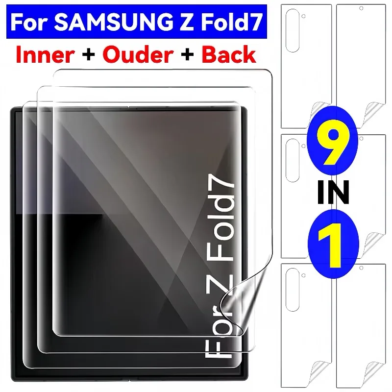 Juego de películas de hidrogel 9 en 1 para Samsung Galaxy Z Fold 7, Protector de pantalla frontal, parte trasera, película protectora suave transparente HD antiarañazos