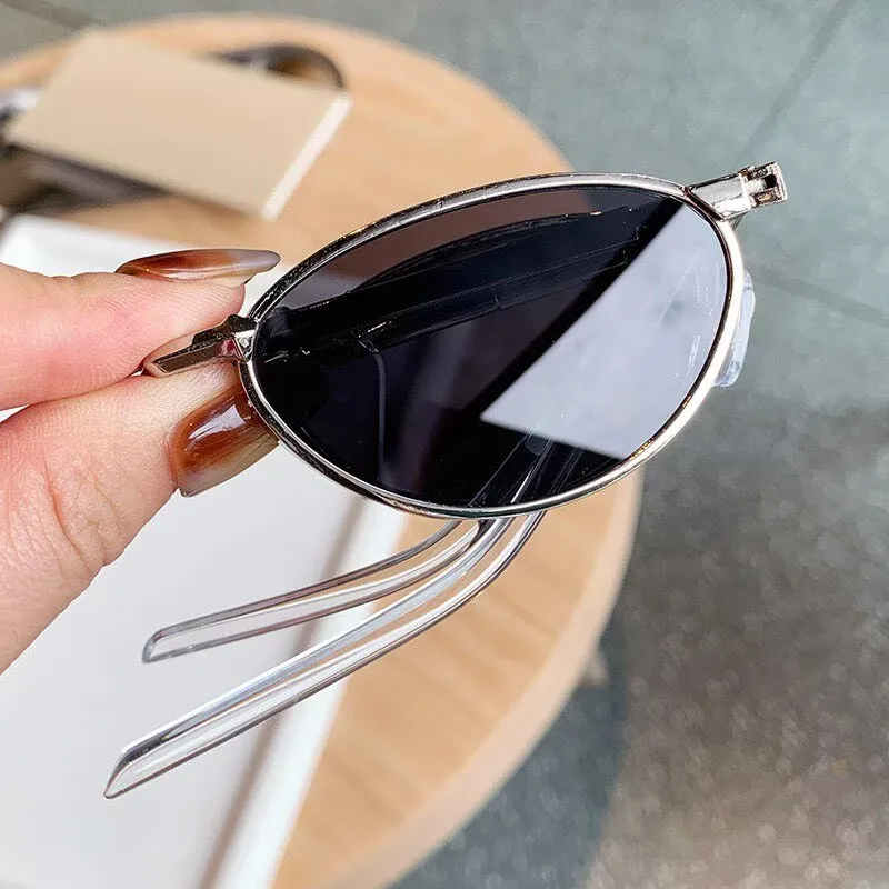 Fashion Oval Sunglasses Women Trend Y2K Metal Cat Eye Sun Glasses Foldable Travel Street Selfie Sunscreen Ocean Lenses Glasses