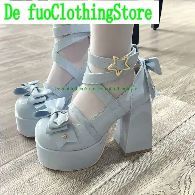 Lolita Schoenen Vrouwen Hoge Hakken Schoenen Vrouw Dikke Sandalen Zomer Mary Janes PU Lederen Schoenen Retro Boog Party Platform Pompen