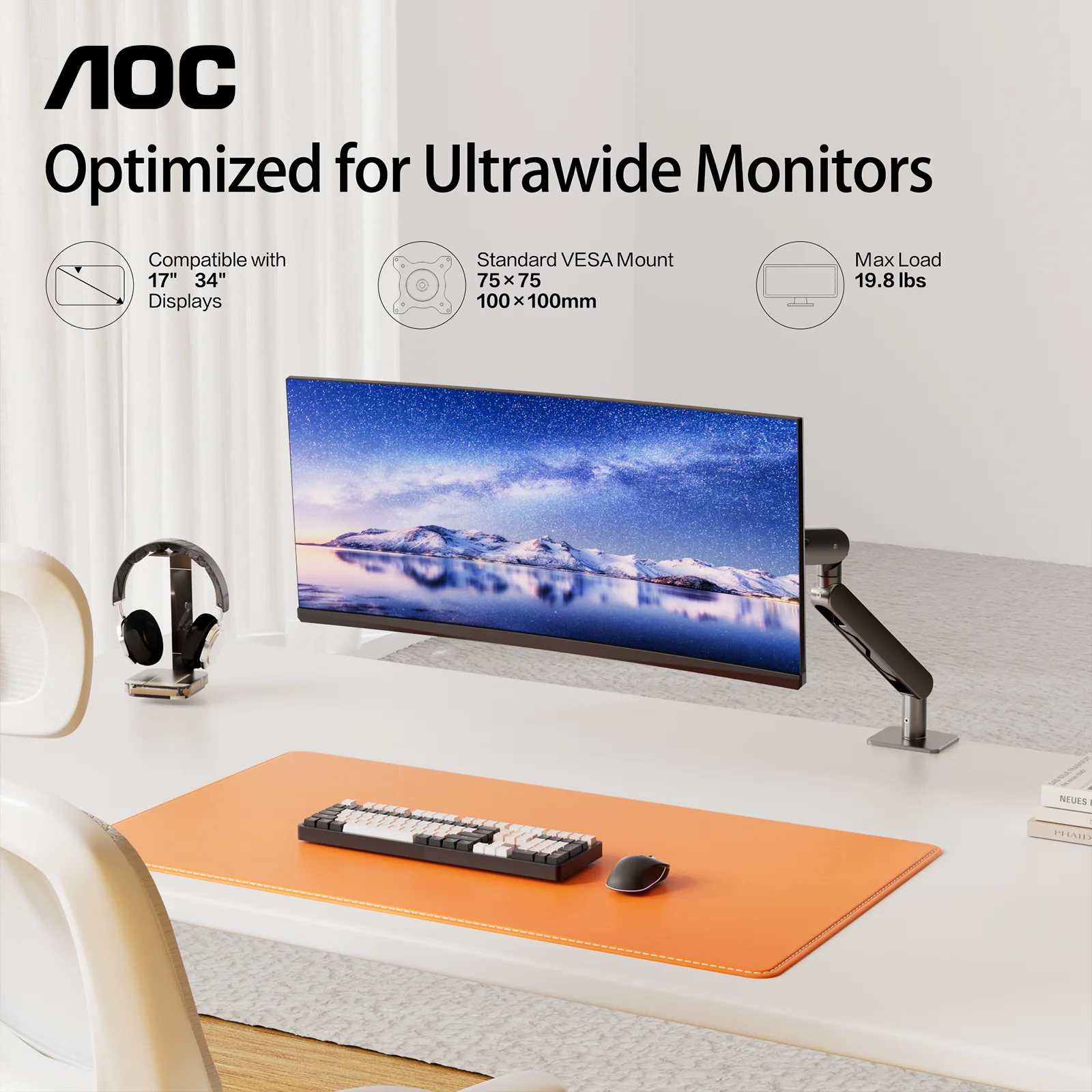 AOC AM400PLUS Premium Aluminum Single Monitor Arm Mechanical Spring Monitor Stand for 17-34 Inch PC Screens 2-9kg Load Capacity