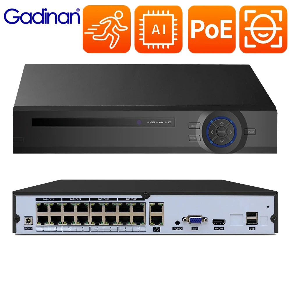 

Gadinan 8MP 4K 16CH POE NVR H.265+ Face Detection Surveillance Video Recorder Network XMeye Audio Onvlf WIFI CCTV DVR NVR System