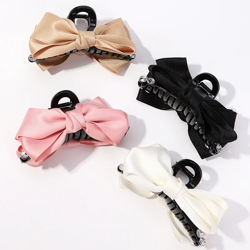 Franse Dubbele Satijnen Strik Strass Clip Vrouwelijke Achterkant Van Hoofd Prinses Schijf Clip Grote Haai Clip Haar Clip