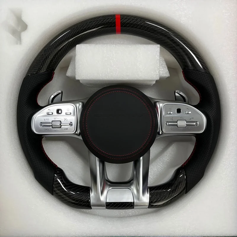 For Mercedes Benz Steering Wheel Horn Cover Forged Carbon Fiber Top & Bottom, Perforated Leather Side, Electroplating Paddle Hor