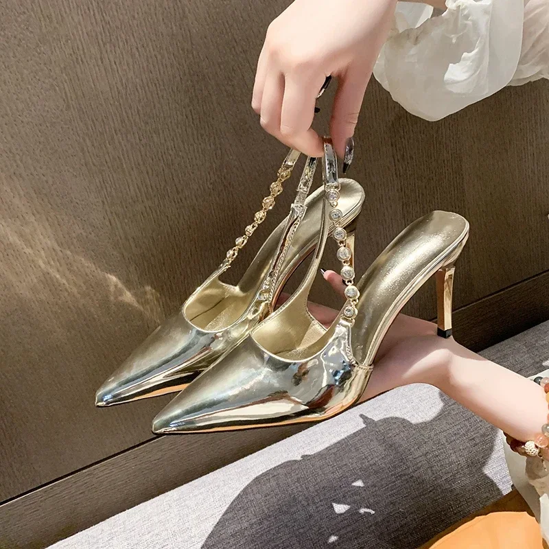 Shiny High Heels Slingback Silver Women Pumps Metallic Crystal Sandals Pointy Toe Stiletto Heeled Shoes Party Dress Shoes Woman