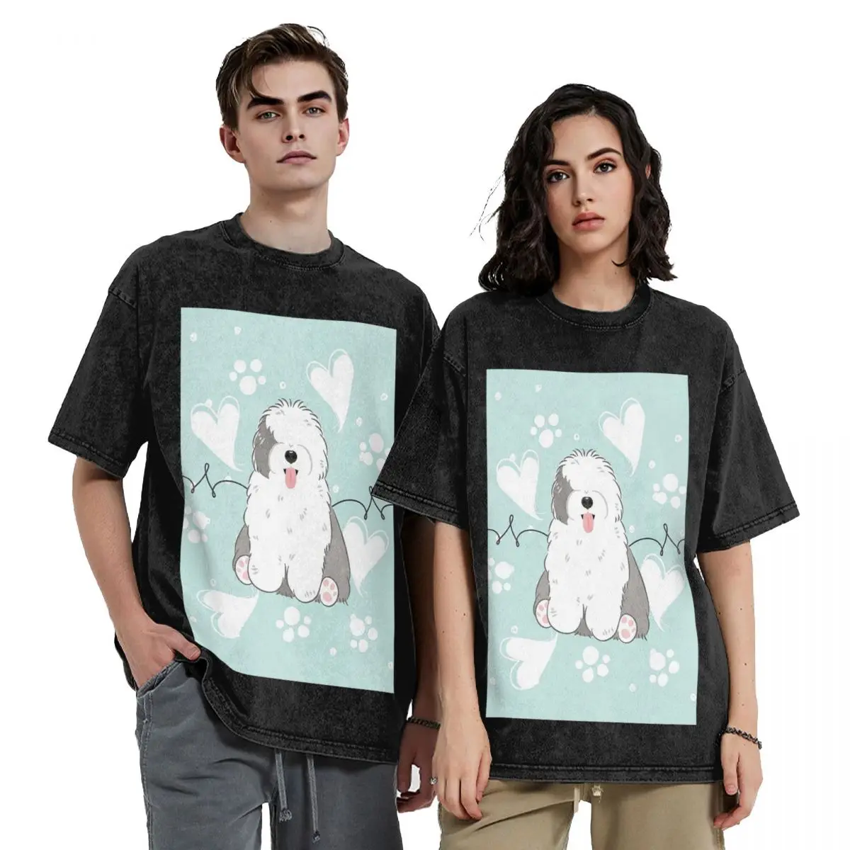 

Love Old English Sheepdog Hip Hop Short Sleeve T-Shirts Washed Tops Tees Streetwear T Shirt Harajuku for Men Women