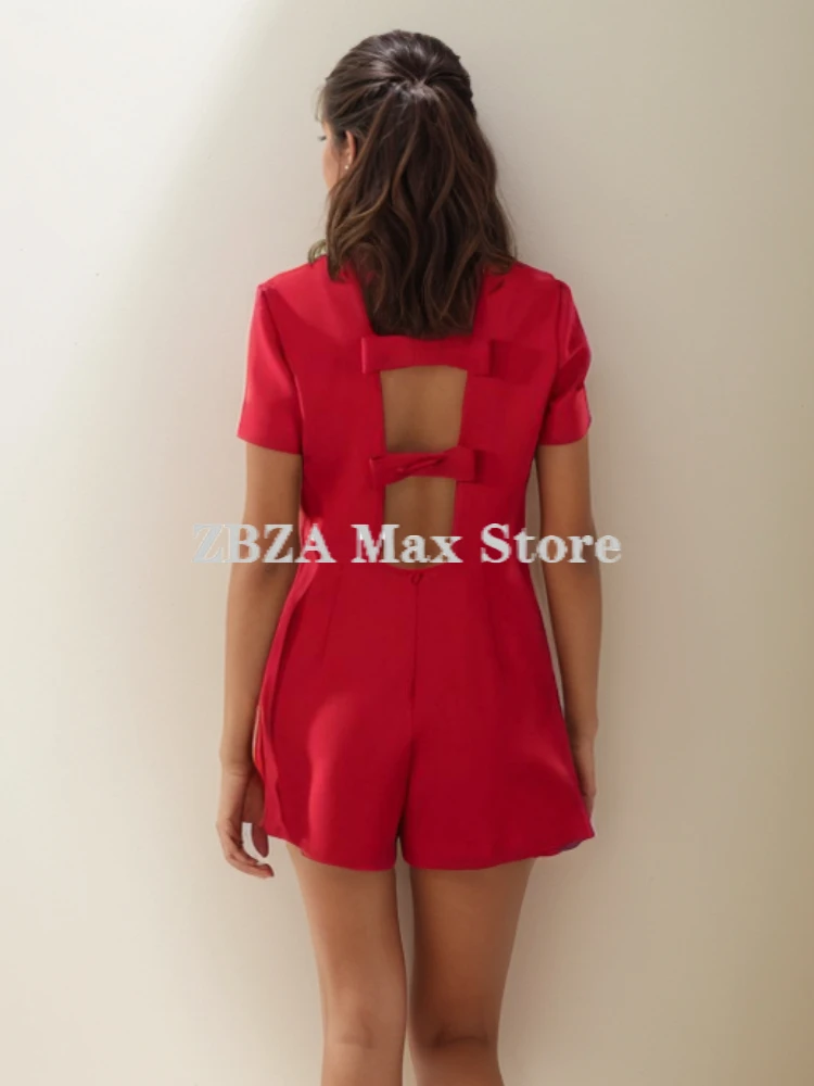 ZBZA Women\'s Bow Trim Short Jumpsuit Round Neck Hollow Out Solid Hidden Zip Mid Waist Backless Rompers New Female Chic Jumpsuit