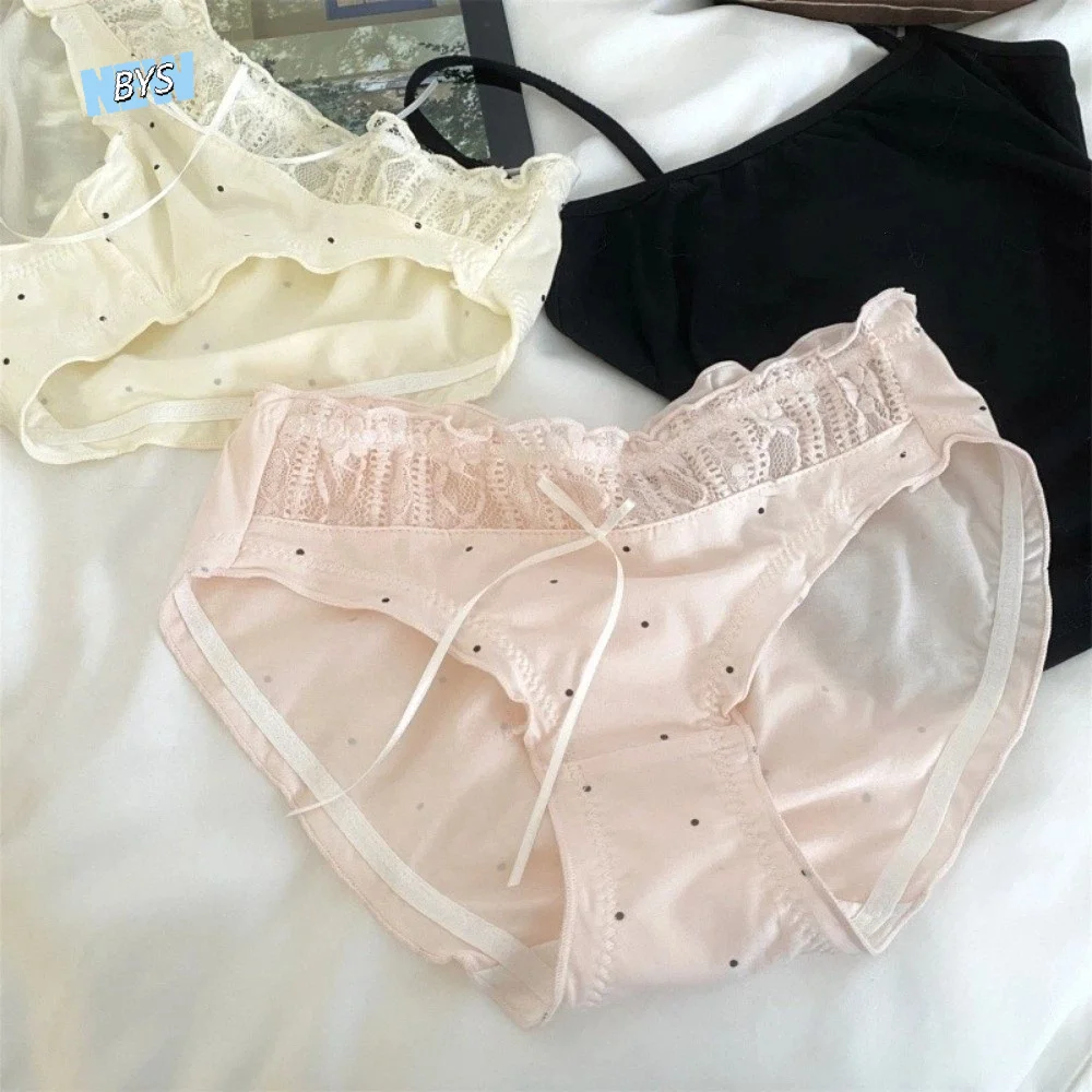 

Cute Mid-waist Underwear Women Ruffle Patchwork Cotton Bow Briefs Dots Underpants Lace Mesh Underwear Lady
