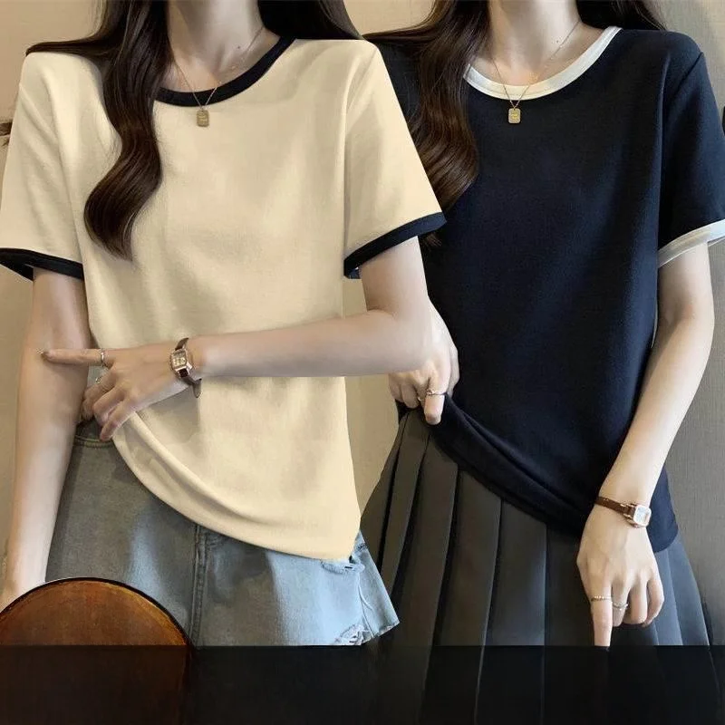 Color Block Short Sleeve round Neck T-Shirt Women Summer Slimming Hidden Belly Versatile Single Two-Piece Breathable Casual Top