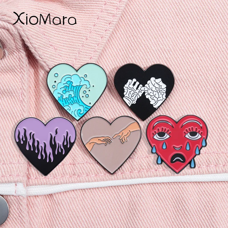 Creative Heart Enamel Pin Crying Flame Skeleton Adam Hand Heart Brooch Lapel Backpack Badge Jewelry Gift For Friends