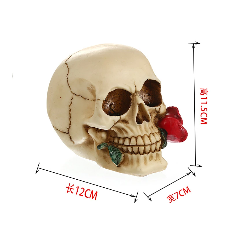 Human Skull with Rose Resin Statue Small Size Head Sculptures Skull Collectible Figurines Halloween Home Decor