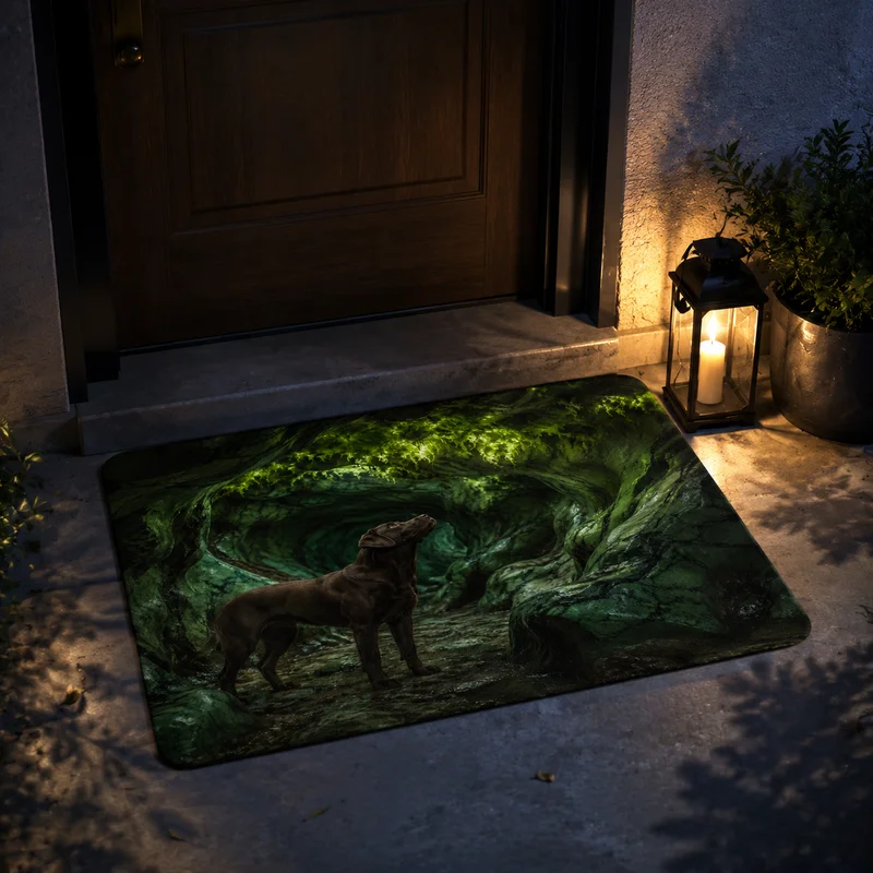 VIKAMA Forest Green Light Cave Labrador Visual Illusion Entrance Door Mat Wear resistant Dust Removal Floor Mat