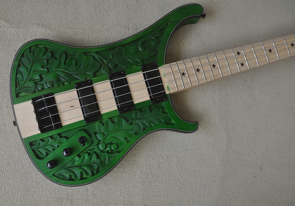 4 Strings Green Neck-thru-body Electric Bass Guitar with Sculpture Body,Maple Fretboard