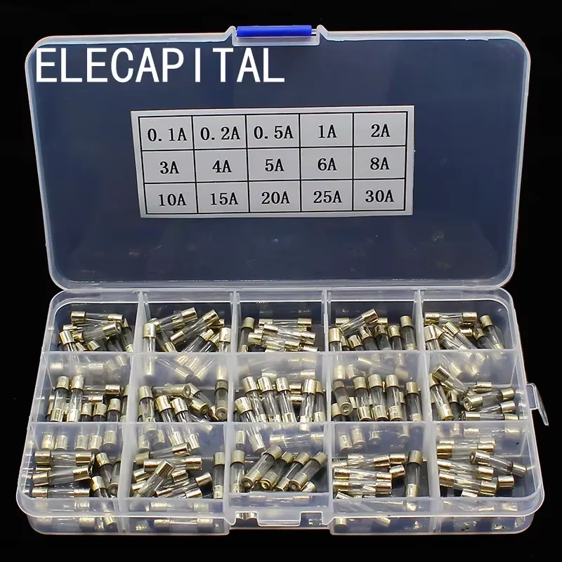 150pcs 5*20mm Fast-blow Glass Tube Fuses Car Glass Tube Fuses Assorted Kit with Box Fusiveis 15Kinds 0.1A-30A Household Fuses