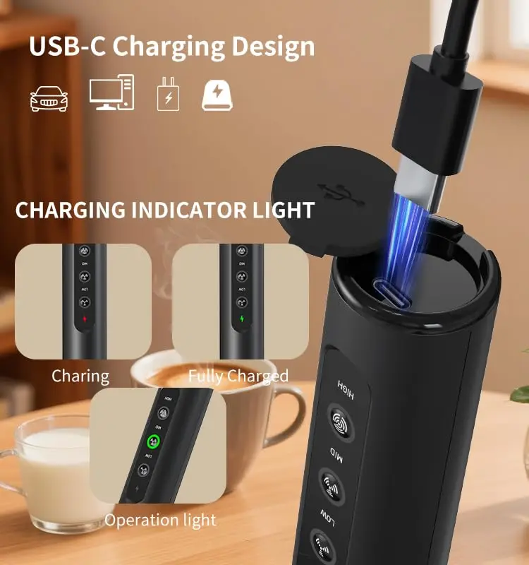 Rechargeable Milk Frother 3 Speed Detachable Whisk Handheld Set with Stand Cordless Mixer for Coffee Latte Protein Shake Kitchen