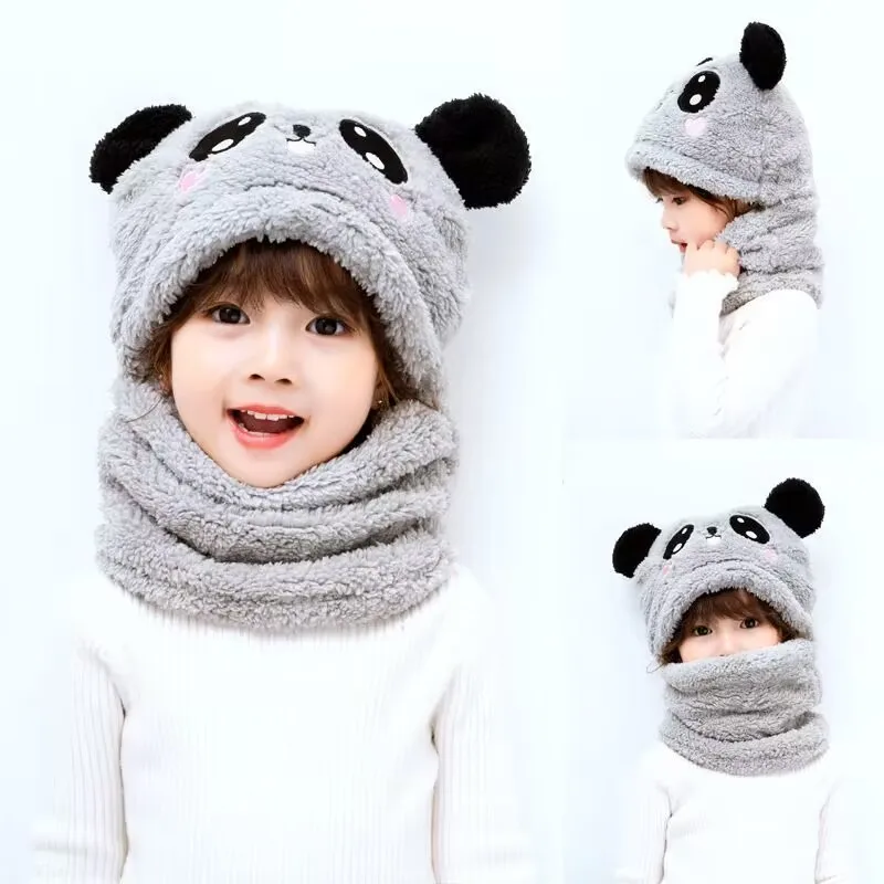 Baby Hat Ear Cap Autumn and Winter Children\'s Hat Neck One Super Cute Cute Boy and Girl Panda Pullover Hat