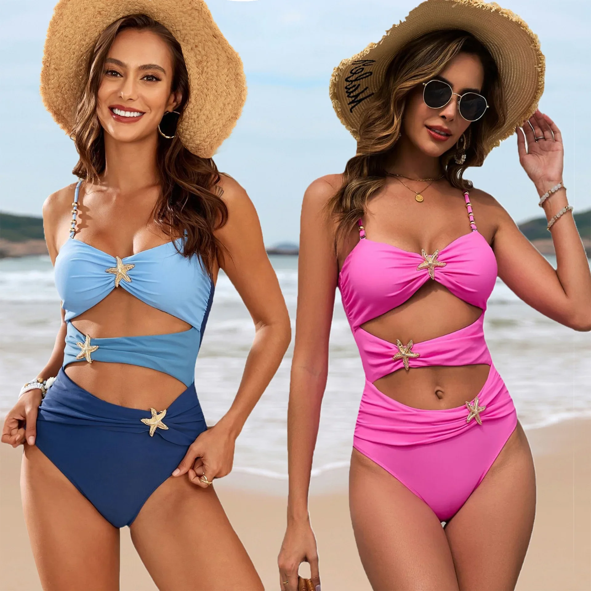 Bikini de mujer de Color sólido Patchwork hebilla de Metal estrella de mar traje de baño de una pieza de cintura alta ahueca hacia fuera Monokini traje de baño 2025 nuevo