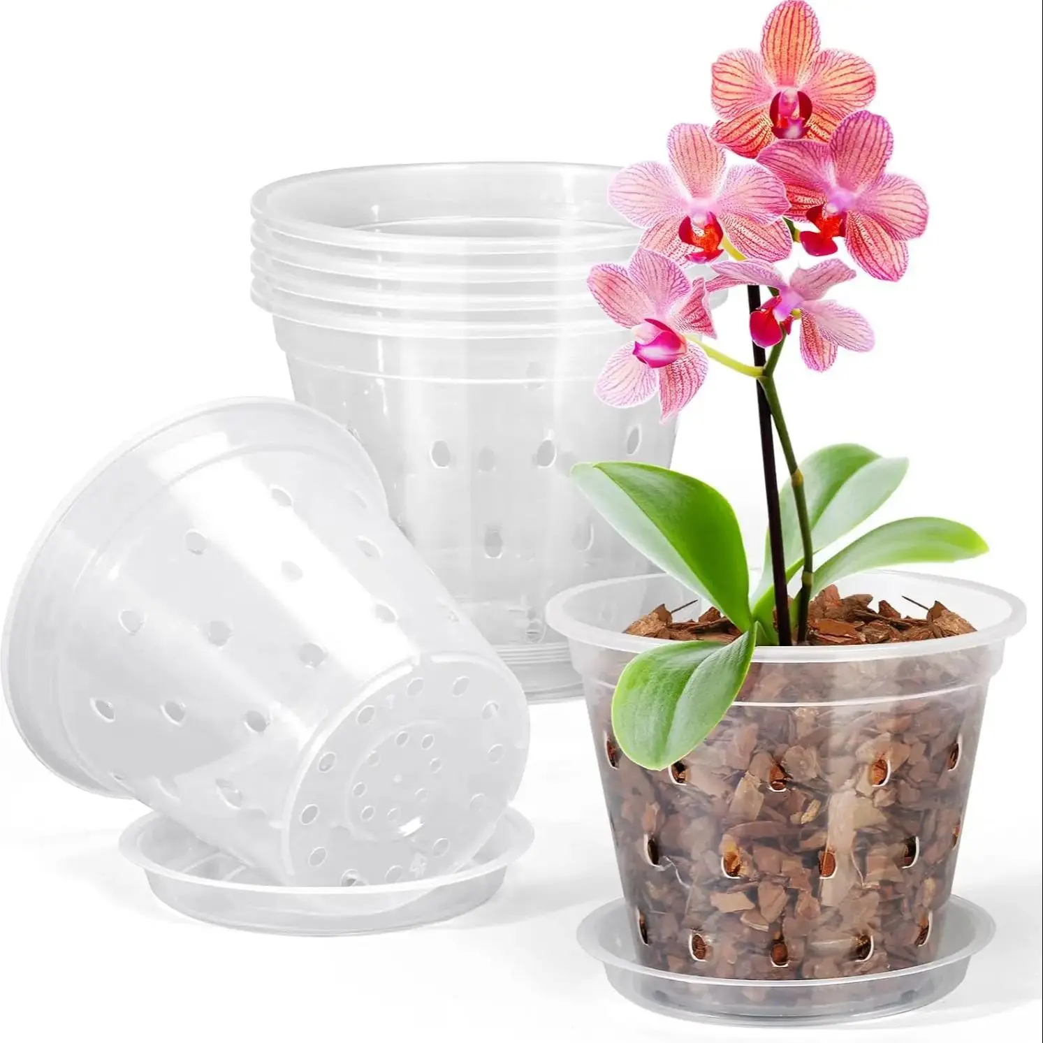 Maceta transparente para orquídeas, macetero de 4/5/6/7 pulgadas con agujeros y platillos, maceta para flores transpirable para guardería, 5 uds.