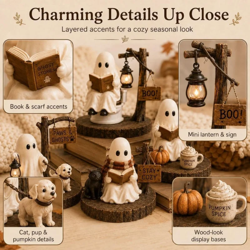 Halloween Ghost Cozy Lantern Resin Figurine Warm Glow Bookshelf Night Light Desk Decor Story Ornament