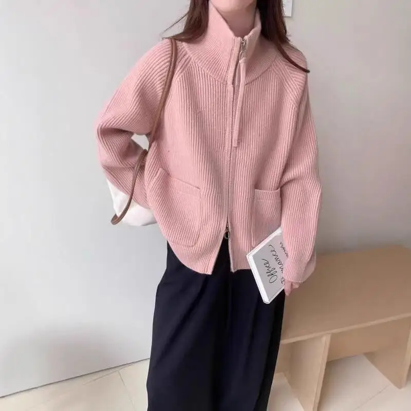 Cárdigan con cuello levantado para niña, abrigo holgado con doble cremallera, prendas de punto gruesas, versátil, viento perezoso, partes superiores nuevas, venta al por mayor, Otoño Invierno