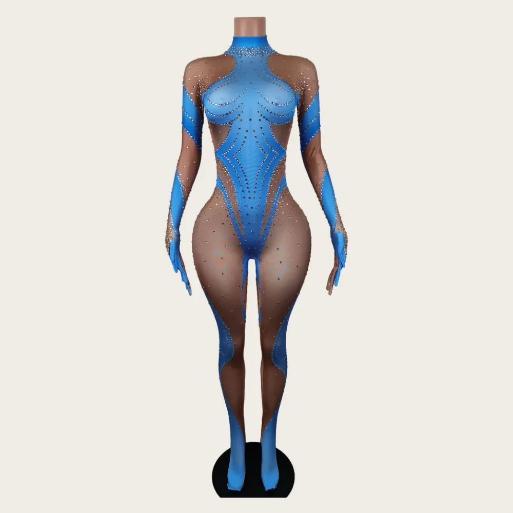 

Sexy Crystal Stripper Pole Dancer Stretch Leotard Show Outfits One Piece Bodysuits Female Rompers Party Club Rhinestone Jumpsuit