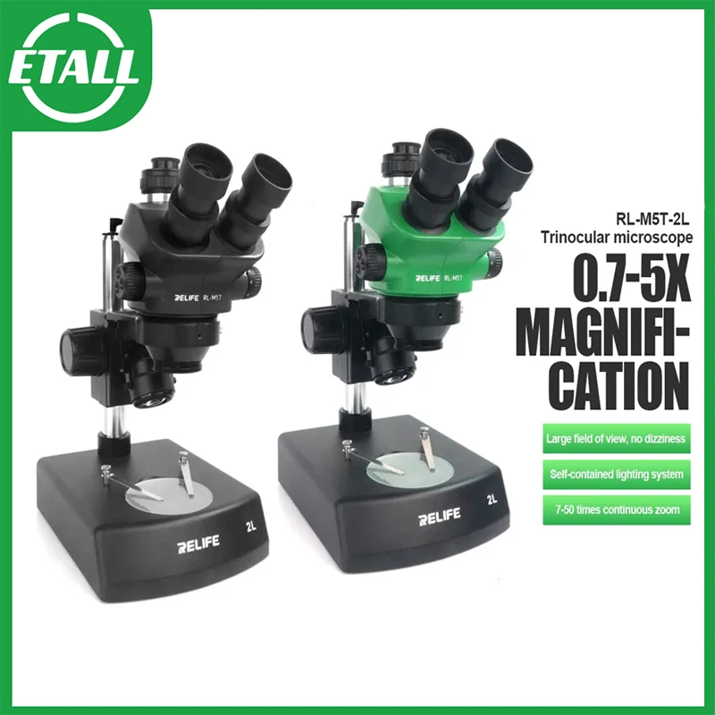 RELIFE RL-M5T-2L Trinocular HD Stereo Microscope 7-50 Times Zoom Adjustable Angle and Brightness PCB Repair Rework Welding