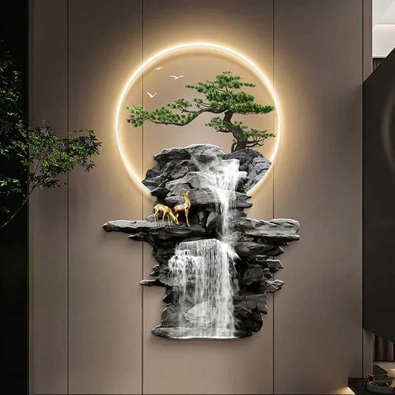 

2025 Retro Chinese style wealth-creating wall crystal porcelain lamp paintings, living room wall decoration LED lights