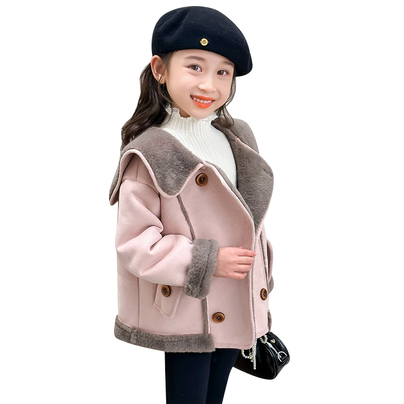 Jaqueta de shearling falsa para meninas, casaco quente duplo breasted com gola contrastante, agasalhos de inverno para meninas de 2 a 9 anos