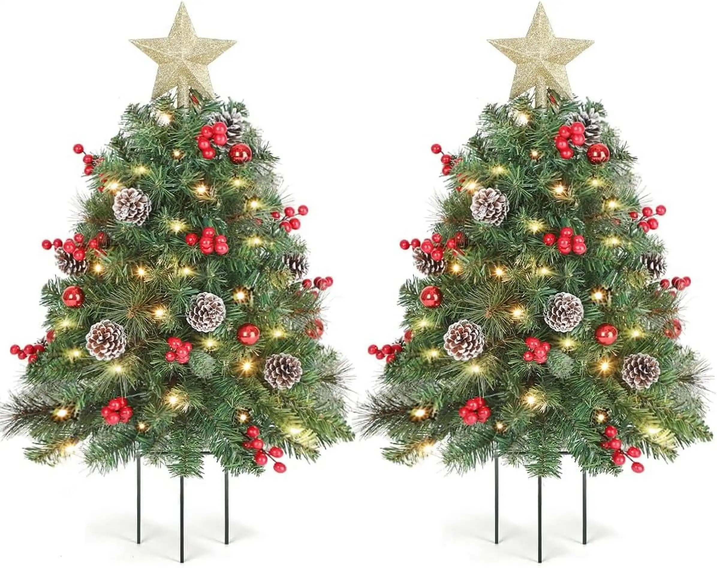 

2 Pack 33 inch Christmas Trees with LED Lights, Small Artificial Christmas Tree with Ornaments for Porch, Yard, Garden